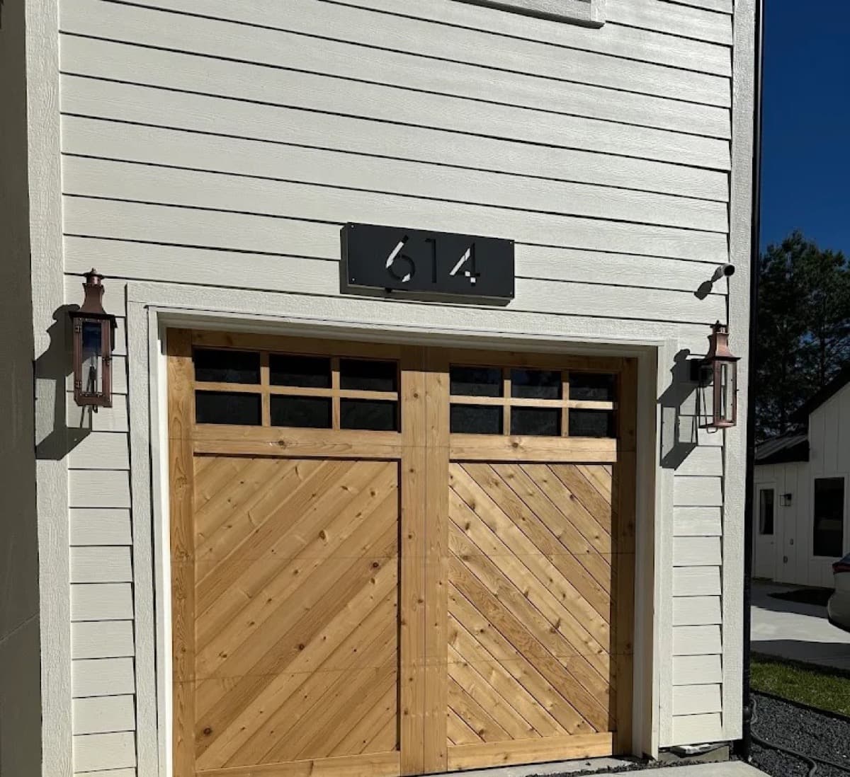 Wide-angle of a finished cedar carriage door